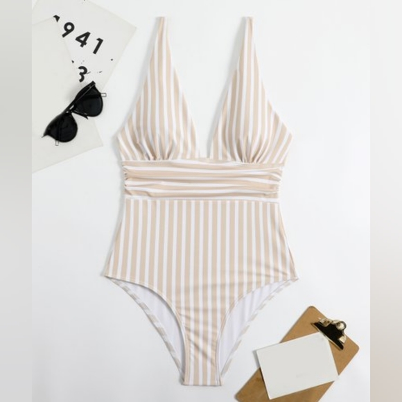 💦NIDALEE Taupe & White Stripe Sexy Swimsuit - Picture 3 of 7